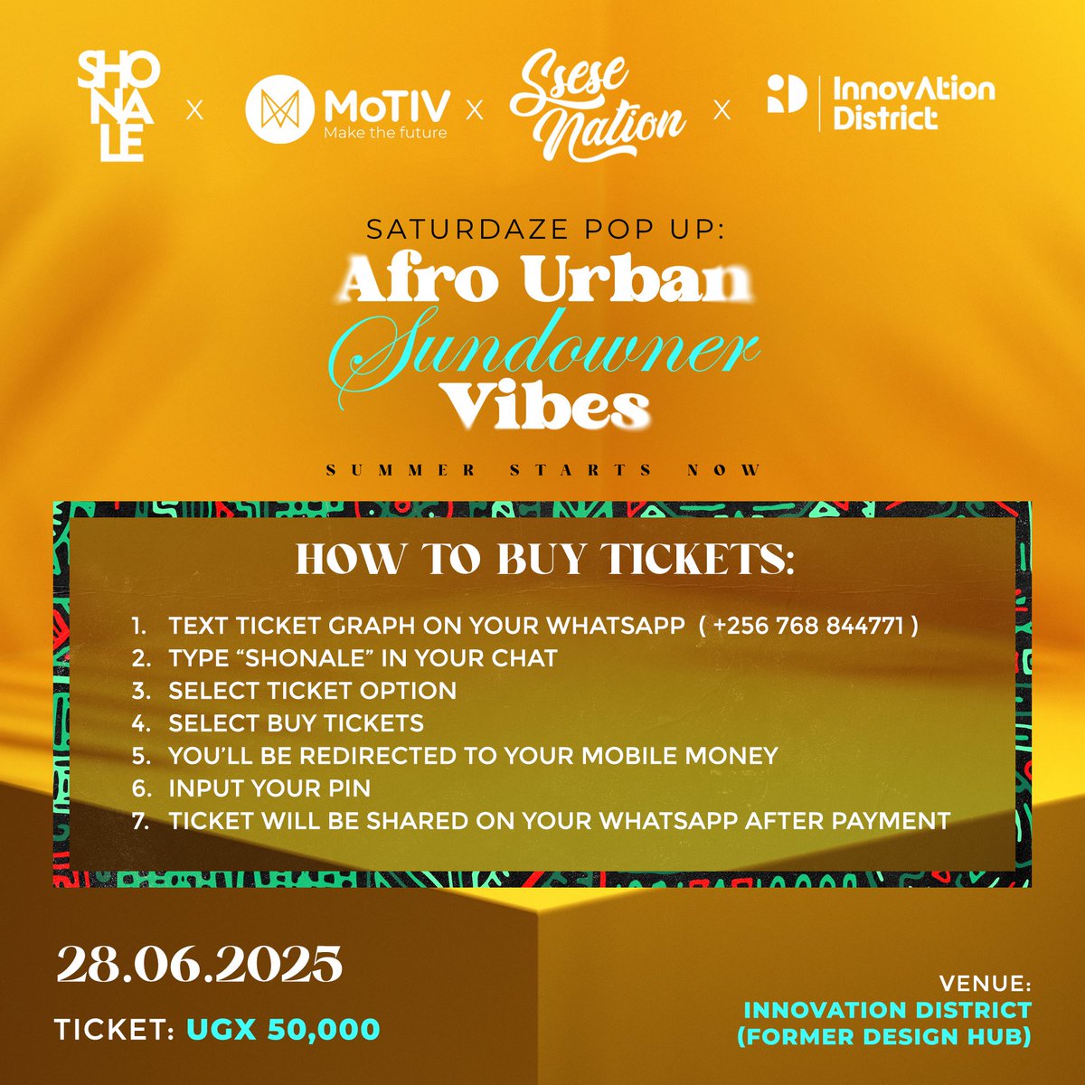 ✨Summer starts now ✨
Afro Urban Sundowner Vibes is happening TODAY at Innovation District (former Design Hub)! 🌴 

Get ready for summer vibes with vibes from #SseseNation DJs. Best of all, bring your own drinks 🍹. Doors open at 2 PM. Don't miss out! <a href="/shorts_na_lessu/">Shorts Na Lessu</a> <a href="/MotivUG/">MOTIV</a>