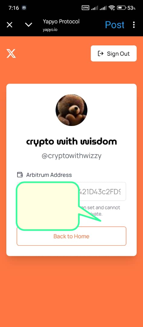 cryptowithwizzy's tweet image. Still didn’t add your @arbitrum wallet on yapyo.io?
You’re missing out on free $YAPYO. 💤💸

Just:
1️⃣ Connect X
2️⃣ Go to Profile
3️⃣ Add wallet

Boom — you’re ready to earn. 🎉
Don’t wait. Stay gYapyo. 💜
@yapyo_arb #YapToEarn #gyapyo