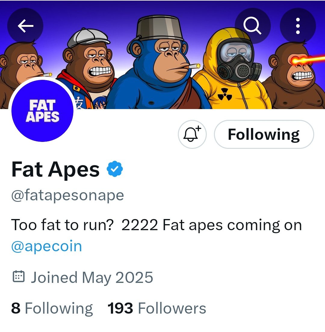 Spotted Early! 👀

<a href="/fatapesonape/">Fat Apes</a> Coming Soon On <a href="/apecoin/">ApeCoin</a> 

Low Price | Supply: 2222

Most Important You Are Early 😉