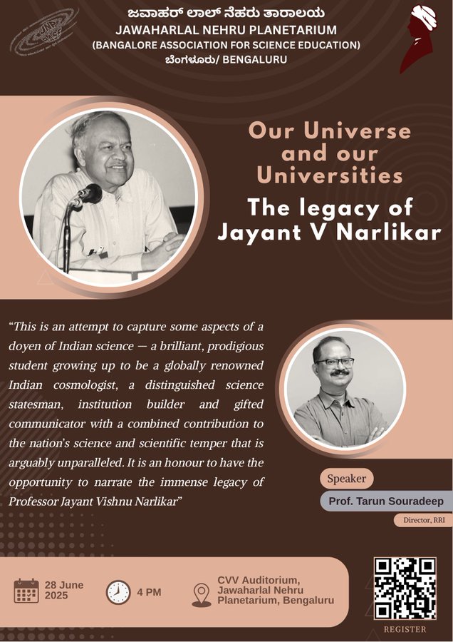 Raman Research Institute (@rri_bangalore) on Twitter photo We are pleased to invite you all for a talk today <a href="/JNPlanetarium/">Jawaharlal Nehru Planetarium Bengaluru</a>, at 4pm by Prof. <a href="/TarunSouradeep/">Tarun Souradeep</a>, Director , <a href="/RRI_Bangalore/">Raman Research Institute</a> to hear about the legacy of a doyen of Indian Science - Prof. Jayant V Narlikar
<a href="/PMOIndia/">PMO India</a>
<a href="/PrinSciAdvGoI/">Principal Scientific Adviser, Govt. of India</a>
<a href="/IndiaDST/">DSTIndia</a>
<a href="/DrJitendraSingh/">Dr Jitendra Singh</a>
<a href="/karandi65/">Abhay Karandikar</a> We are pleased to invite you all for a talk today <a href="/JNPlanetarium/">Jawaharlal Nehru Planetarium Bengaluru</a>, at 4pm by Prof. <a href="/TarunSouradeep/">Tarun Souradeep</a>, Director , <a href="/RRI_Bangalore/">Raman Research Institute</a> to hear about the legacy of a doyen of Indian Science - Prof. Jayant V Narlikar
<a href="/PMOIndia/">PMO India</a>
<a href="/PrinSciAdvGoI/">Principal Scientific Adviser, Govt. of India</a>
<a href="/IndiaDST/">DSTIndia</a>
<a href="/DrJitendraSingh/">Dr Jitendra Singh</a>
<a href="/karandi65/">Abhay Karandikar</a>