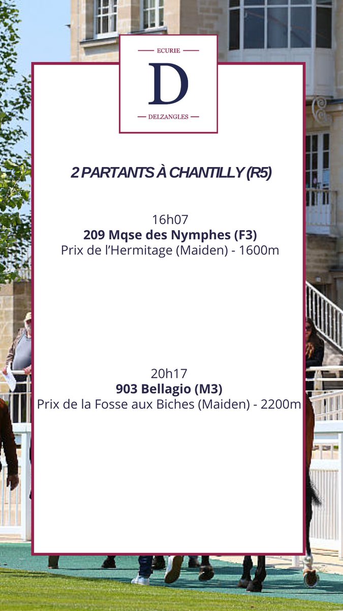 Mikel Delzangles (@delzanglesmikel) on Twitter photo Aujourd’hui à <a href="/fgchantilly/">FG Chantilly</a> (R5)
🐎Mqse des Nymphes (E. de Rothschild)
« Elle est en bonne condition et elle aura son terrain. »
🐎Bellagio (B. Van Dalfsen)
« Il est en forme mais il effectue une grosse rentrée. »
#OhCourses Aujourd’hui à <a href="/fgchantilly/">FG Chantilly</a> (R5)
🐎Mqse des Nymphes (E. de Rothschild)
« Elle est en bonne condition et elle aura son terrain. »
🐎Bellagio (B. Van Dalfsen)
« Il est en forme mais il effectue une grosse rentrée. »
#OhCourses