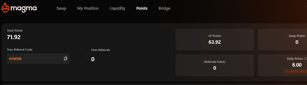 If you haven't started farming the <a href="/Magma_Finance/">Magma Finance</a> airdrop on <a href="/SuiNetwork/">Sui</a> yet, you still have time to catch the early train. 

Here is what you need to do:
1. Deposit $100+ worth of liquidity on app.magmafinance.io ( I will appreciate if you use my referral code: HFMSBI )
2.