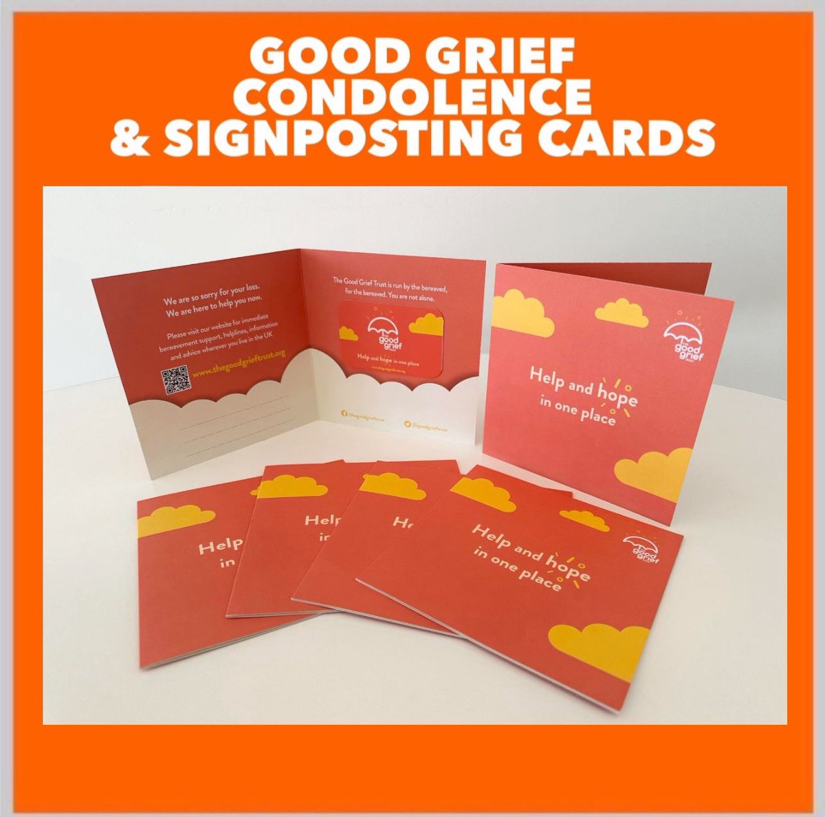 goodgrieftrust's tweet photo. Good morning, 

Here is an update about our Good Grief Condolence and Signposting cards.

Since February we have supplied NHS Hospital Trusts, GP practices and community organisations across the UK with 20,000 cards.

We thank bereavement teams for investing 30p per family to signpost those grieving to a choice of immediate support from day one.

Approximately 650,000 people die a year in the UK. 

Our vision is that every bereaved person should receive a card, to ensure we offer a consistent standardised pathway to early signposting across the country. 

To place an order please see this webpage; 

https://t.co/pLXrRaeIje

#HelpandHope 🧡☂️