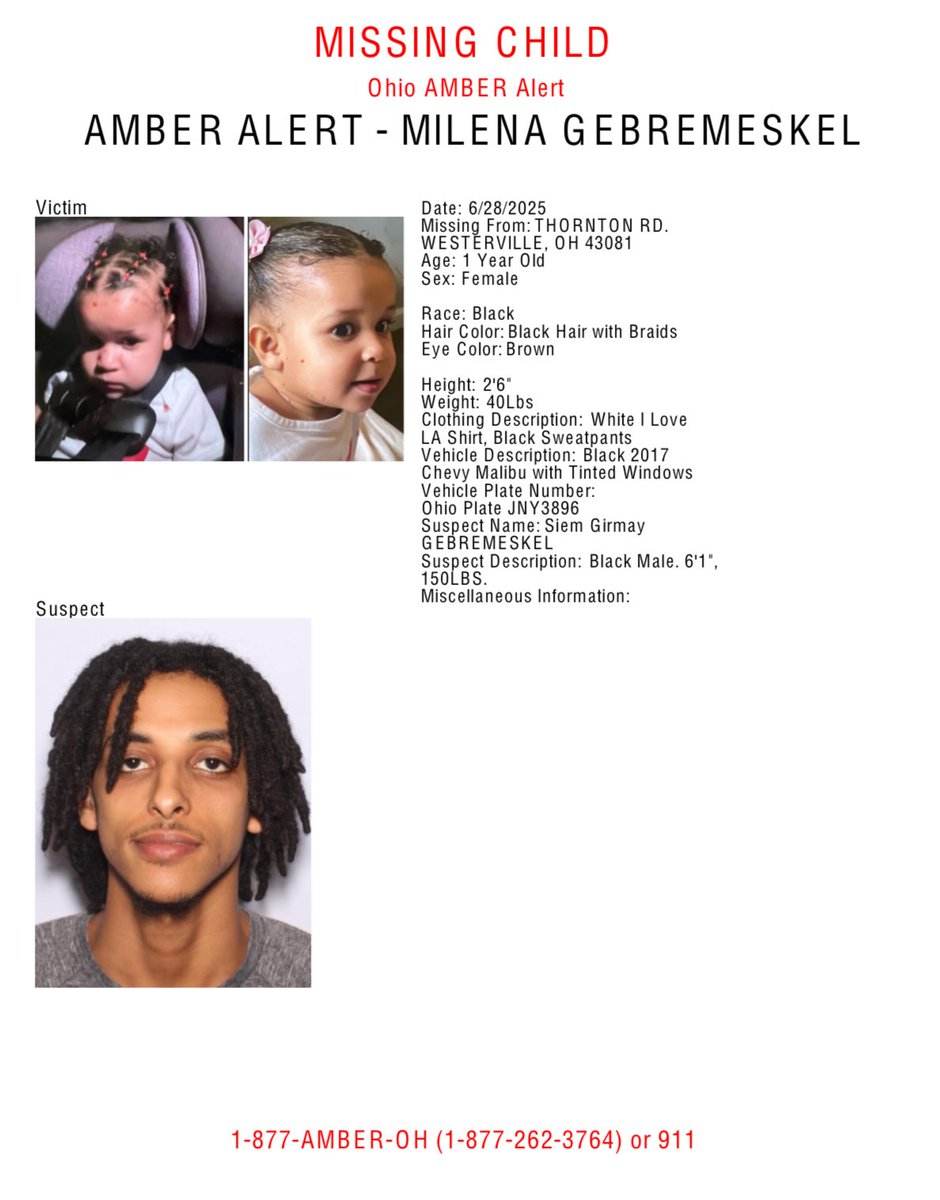 FFAFamily's tweet photo. AMBER ALERT 🚨 

MILENA GEBREMESKEL-1 Year Old

Westerville, Ohio

Suspected to be with Siem Girmay Gebremeskel, 24. https://t.co/gyu4w3HHym