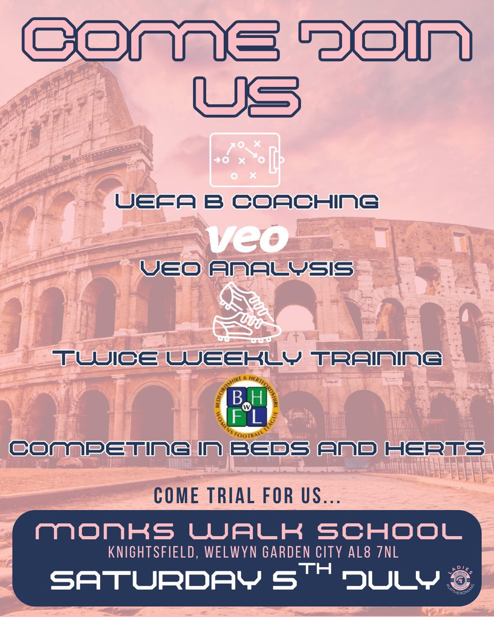 1 WEEK TO GO⏳

7  days to go till our trial day - We're looking for ambitious players to join us on our journey💪🏼

Register here -  forms.gle/fiw5HSF69queGz…

#UpTheRomans #womensfootball