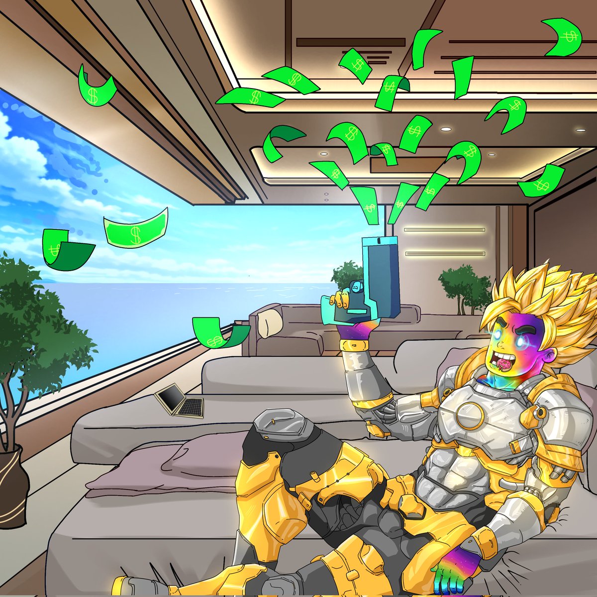 riot_theartist's tweet photo. Armor on. Yacht life. Money in the air 💰😎

Had a blast working on this one for @Ugamerzzone911, laid-back power vibes with a reflective twist ⚔️🛥️

Art by yours truly 🖊️

#NFTArt #PFPArt #Web3Artist #DigitalArt #CryptoArt #MoneyVibes #ArtCollector https://t.co/qb3GtfsJkd