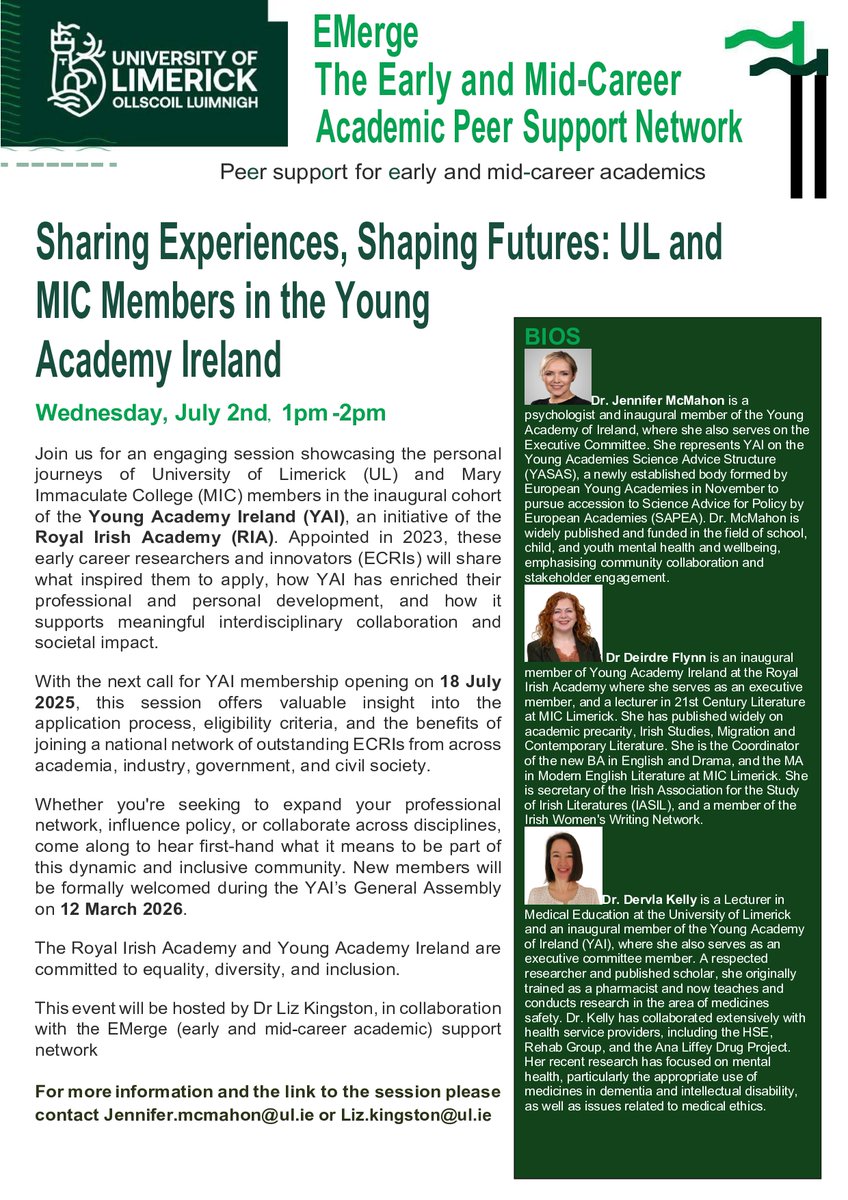 You are warmly invited to join us for an engaging online event:
Sharing Experiences, Shaping Futures: UL and MIC Members in Young Academy Ireland
🗓️ Wednesday, July 2nd
🕐 1:00 – 2:00 PM
Online via Microsoft Teams (shorturl.at/8x5Qo)