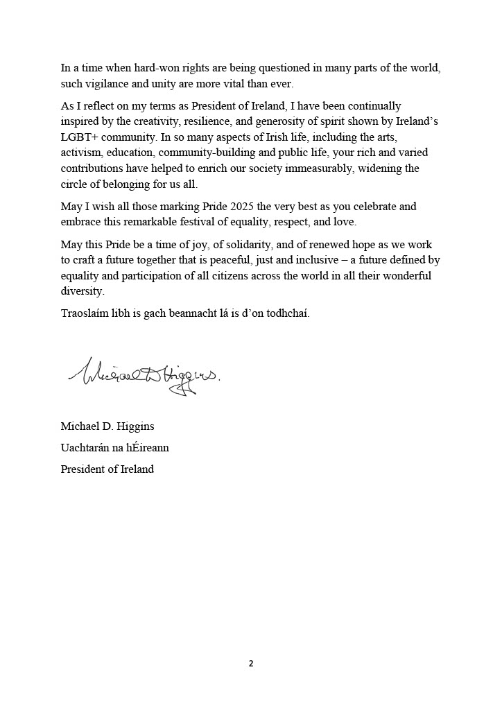 President Michael D. Higgins has sent a message to all those celebrating Pride today and across the summer