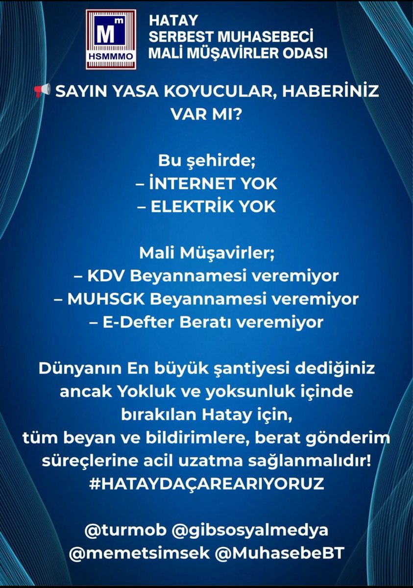 Yasemin Çerçi (@yasemincerci28) on Twitter photo Hatay’ da e-defter uzatılmalıdır👇👇👇
#HataydaEDefterÇıkmazı
<a href="/memetsimsek/">Mehmet Simsek</a>
<a href="/gibsosyalmedya/">Gelir İdaresi Başkanlığı</a>
<a href="/HMBakanligi/">T.C. Hazine ve Maliye Bakanlığı</a> Hatay’ da e-defter uzatılmalıdır👇👇👇
#HataydaEDefterÇıkmazı
<a href="/memetsimsek/">Mehmet Simsek</a>
<a href="/gibsosyalmedya/">Gelir İdaresi Başkanlığı</a>
<a href="/HMBakanligi/">T.C. Hazine ve Maliye Bakanlığı</a>