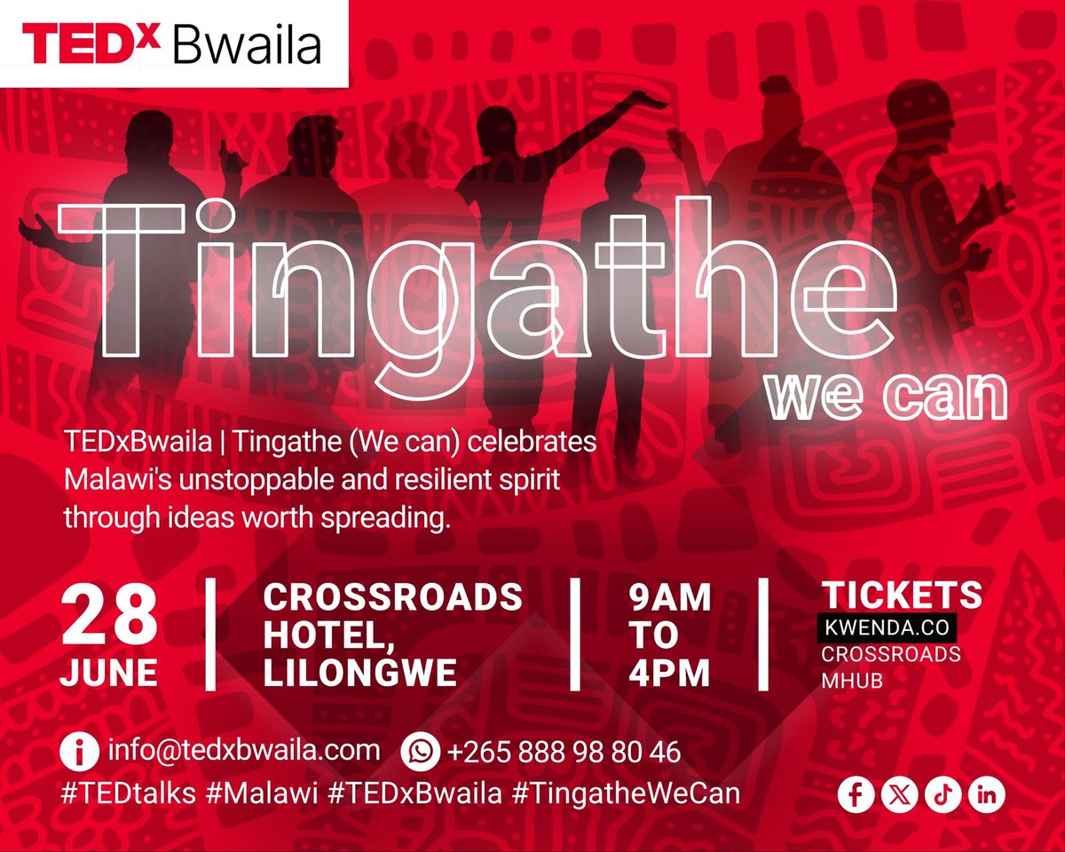 undpmalawi's tweet image. 🗓️ 28 June 2025 | 🕗 09:00–16:00
📍 Lilongwe
@undpmalawi is partnering with #TEDxBwaila as it brings together voices of resilience, art & innovation under the theme #Tingathe — “We Can”. From memory to imagination, this will be a day of bold storytelling.
#IdeasWorthSpreading