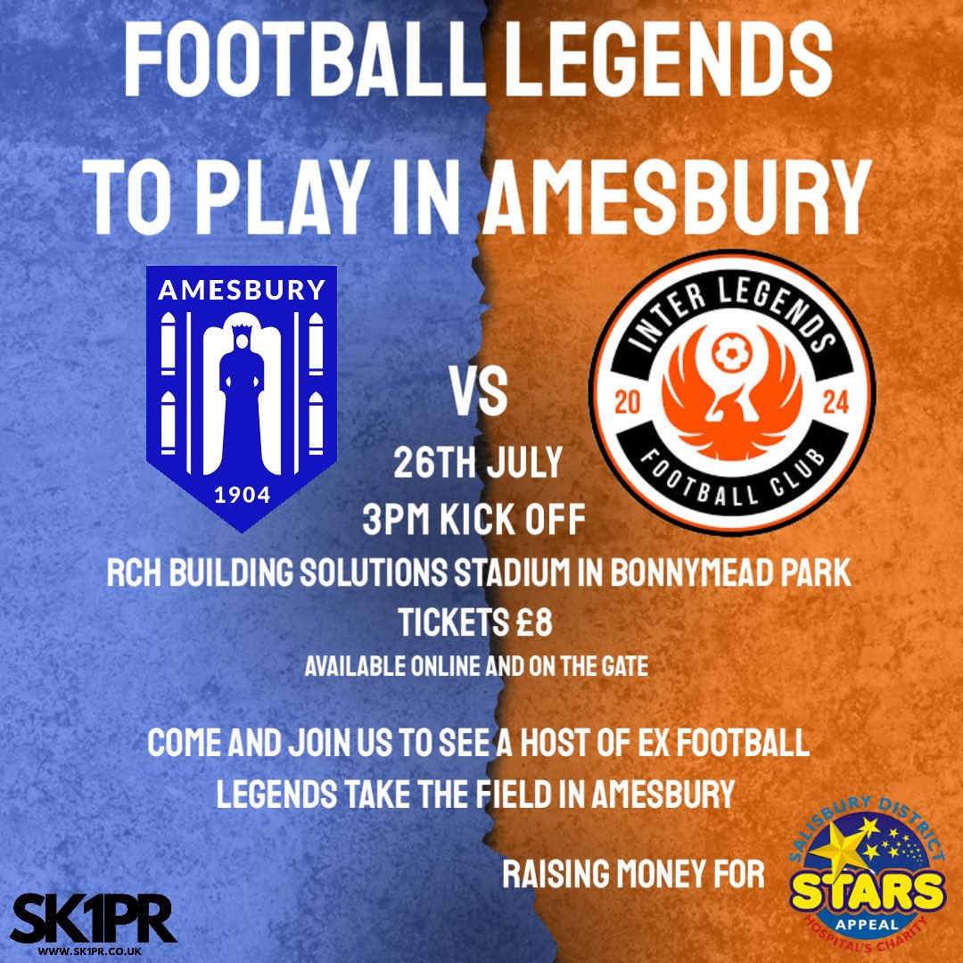 Just 4 weeks to go until we host <a href="/interlegendsfc/">Inter Legends FC</a> at the RCH Building Solutions Ltd stadium.

Don’t miss the chance to watch and meet some footballing legends in Amesbury.

Tickets are selling well, so get yours now 

app.fanbaseclub.com/Fan/Tickets/Se…