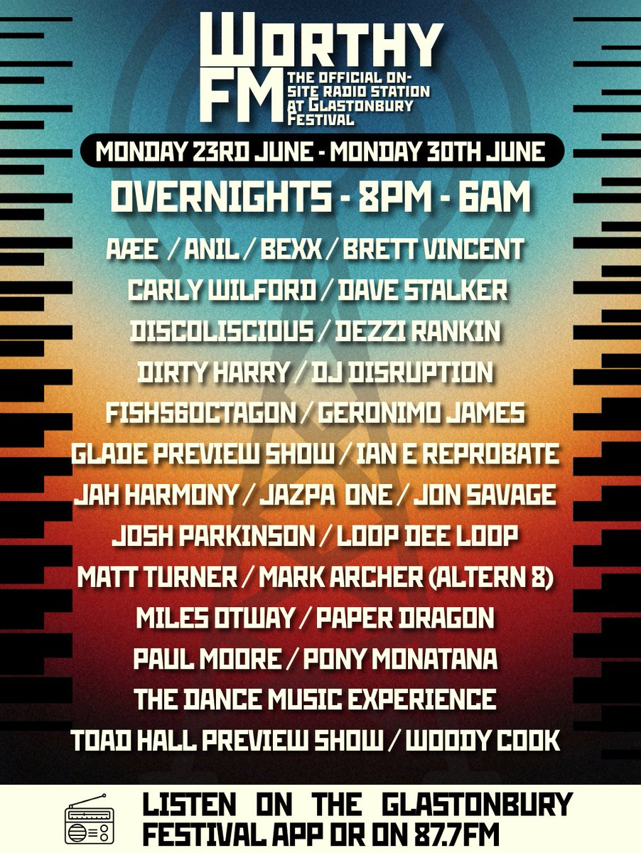 Today on Worthy FM 🎙
Live guests, new music, field reports, and late-night mischief…
Here’s what’s coming up 👇
📻 Listen on 87.7FM, on the festival app, or online - worthywebplayer.net
#WorthyFM #Glastonbury