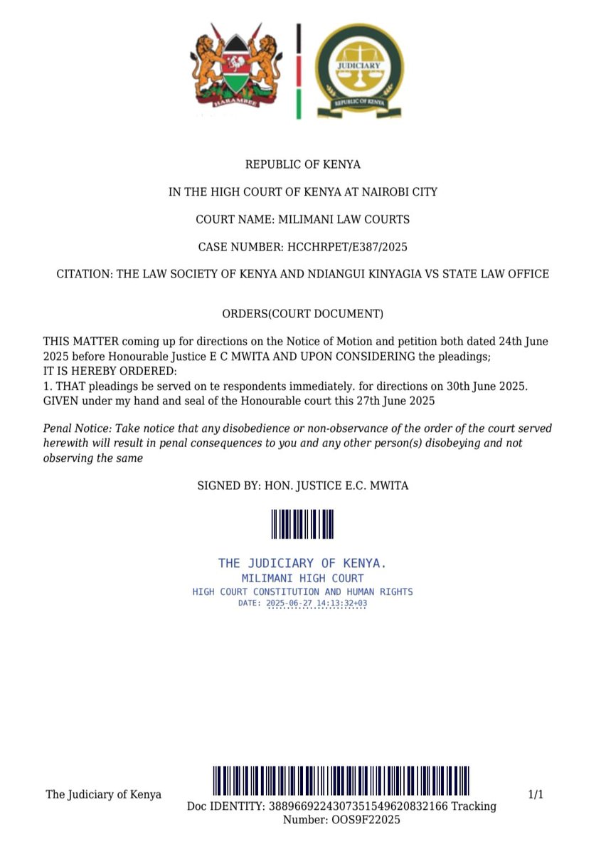 A habeas corpus application has been made by <a href="/LawSocietyofKe/">Law Society of Kenya</a> calling for the release of Comrade Ndiangui Kinyagia.

Thanks LSK. If Ndiangui is not released we are going back to the streets.

#FreeNdianguiKinyagia #EndAbductionsKe