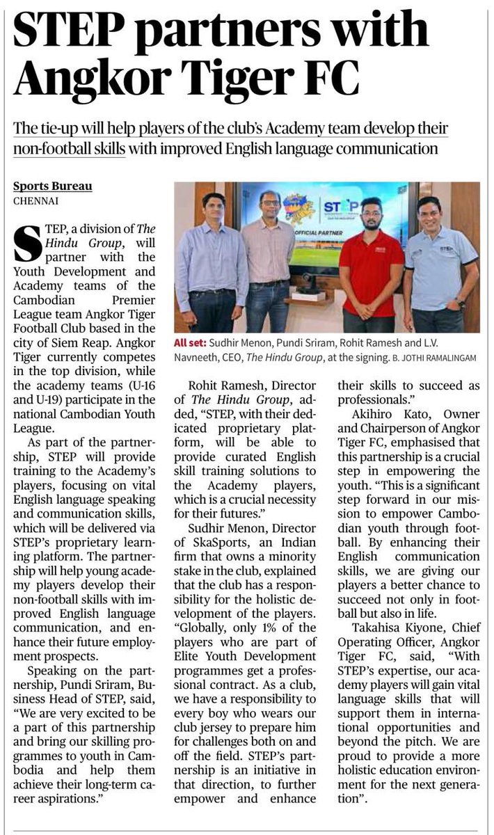 RohRamesh's tweet image. 🌍 Exciting news from Southeast Asia!
@The_Hindu_STEP, A division of The Hindu Group focused on English language training,Has officially gone international through a meaningful partnership with Cambodia’s @Angkor_Tiger_FC. STEP, Which has empowered over 500,000 learners in…