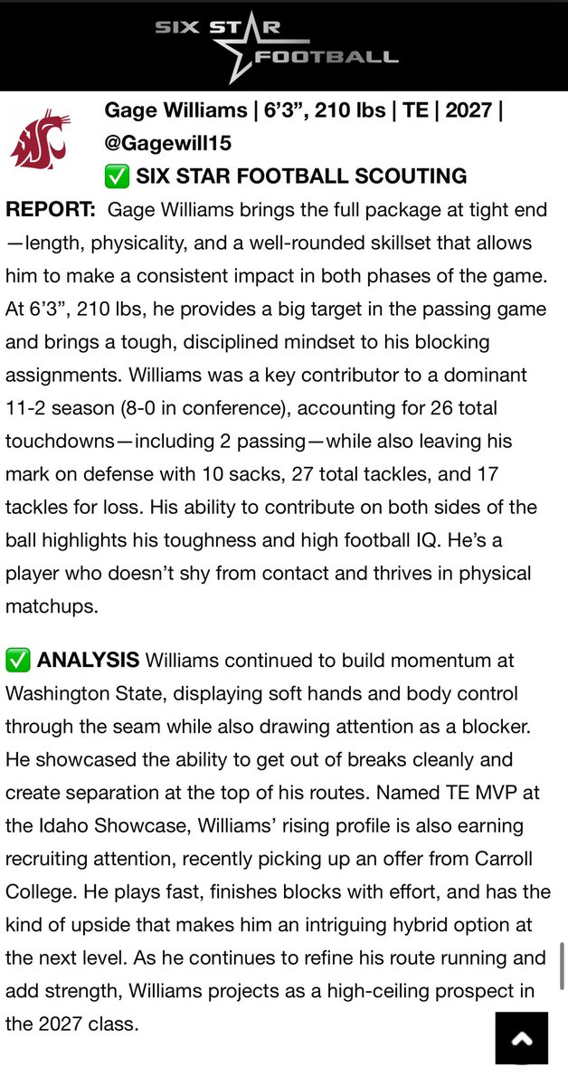 Gage Williams (@gagewill15) on Twitter photo Thank you <a href="/sixstarfootball/">Six Star Football | PLUS+</a> for another write up!
<a href="/WSUCougarFB/">Washington State Football</a> <a href="/chiawanafb/">Chiawana Football</a> <a href="/Chiawana_RHawks/">Chiawana Sports</a> <a href="/NickFarman55/">Nick Farman M.S.</a> <a href="/NW_Spotlight/">NW SPOTLIGHT ATH'S</a> Thank you <a href="/sixstarfootball/">Six Star Football | PLUS+</a> for another write up!
<a href="/WSUCougarFB/">Washington State Football</a> <a href="/chiawanafb/">Chiawana Football</a> <a href="/Chiawana_RHawks/">Chiawana Sports</a> <a href="/NickFarman55/">Nick Farman M.S.</a> <a href="/NW_Spotlight/">NW SPOTLIGHT ATH'S</a>