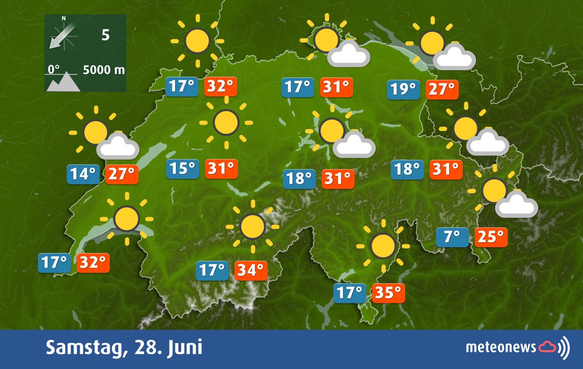 MeteoNewsAG's tweet photo. Der Samstag gestaltet sich #hochsommerlich mit viel #Sonnenschein und blauem Himmel, es bilden sich nur kleine #Quellwolken. Am Nachmittag wird die 30-Grad-Marke verbreitet geknackt, die #Nullgradgrenze steigt auf knapp über 5000 m! https://t.co/2lv0pkxXAz (km) https://t.co/XPgtGrqTly