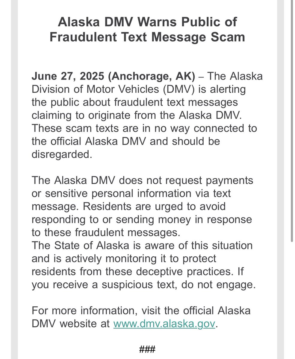The Alaska DMV would like you to know that those texts you’ve been getting demanding payment are, as you may have suspected, a scam.