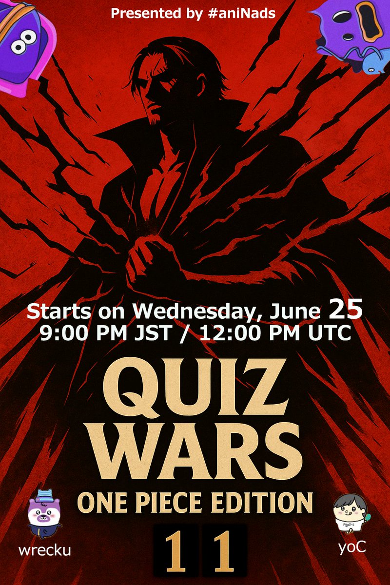 ☠️The 11th <a href="/ani_Nads/">aniNads</a> QUIZ WARZ ☠️

Over 15 people participated in  quiz contest.  
The 11th One Piece King is 👑 <a href="/321_neo123/">NEO_321</a> 👑

 2nd 🥈
<a href="/bitberryac/">lite💜</a> ,<a href="/mon_sasuke/">Sasukeeee</a>, <a href="/Rimonciku/">Rim⨀nCiku?</a> 

Host by <a href="/yoC_monad/">yoC.Nads💜 | Monad🇯🇵</a> and <a href="/gomechico/">wrecku🎸</a>