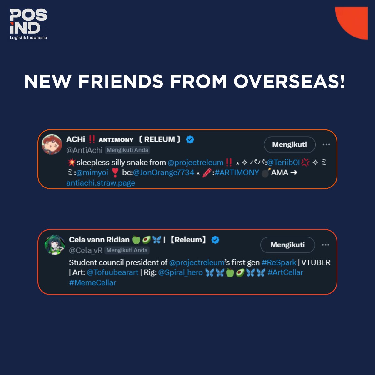 🌐💫 What a lovely surprise from overseas!
Huge thanks to <a href="/Cela_vR/">Cela vann Ridian 🍏🥑🦋 | 【Releum】</a>   🦊✨ and <a href="/AntiAchi/">ACHi ‼️ ᴀɴᴛɪᴍᴏɴʏ 〔 RELEUM 〕</a>    from <a href="/ProjectReleum/">Releum</a> for following our little Post Office here in Jakarta, Indonesia!

Through this account, we hope you’ll discover not only postal vibes—but also the vibrant spirit of