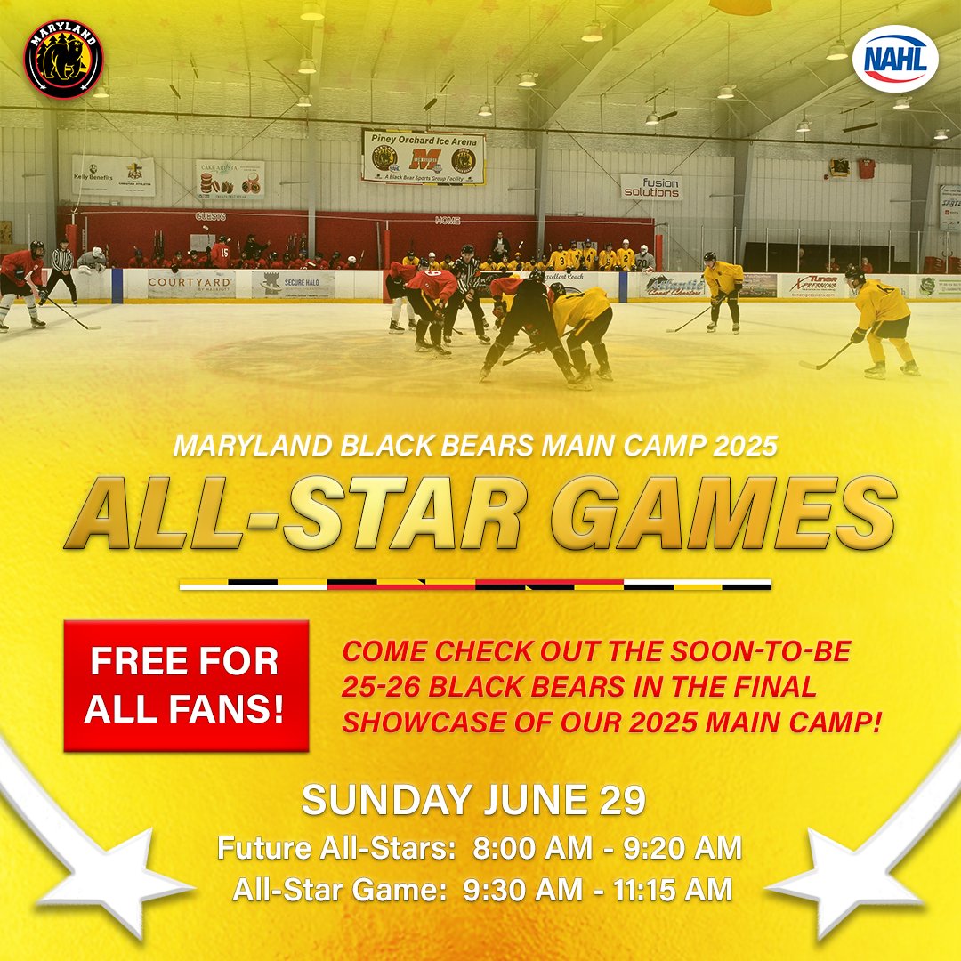 Fans, be sure to come check out the new 25-26 Black Bears prospects at our main camp All-Star games this Sunday! Admission is free for all, so come out to Piney Orchard Ice Arena for some summer hockey and an early sneak peak of the upcoming MBB season
#MarylandBlackBears | #NAHL