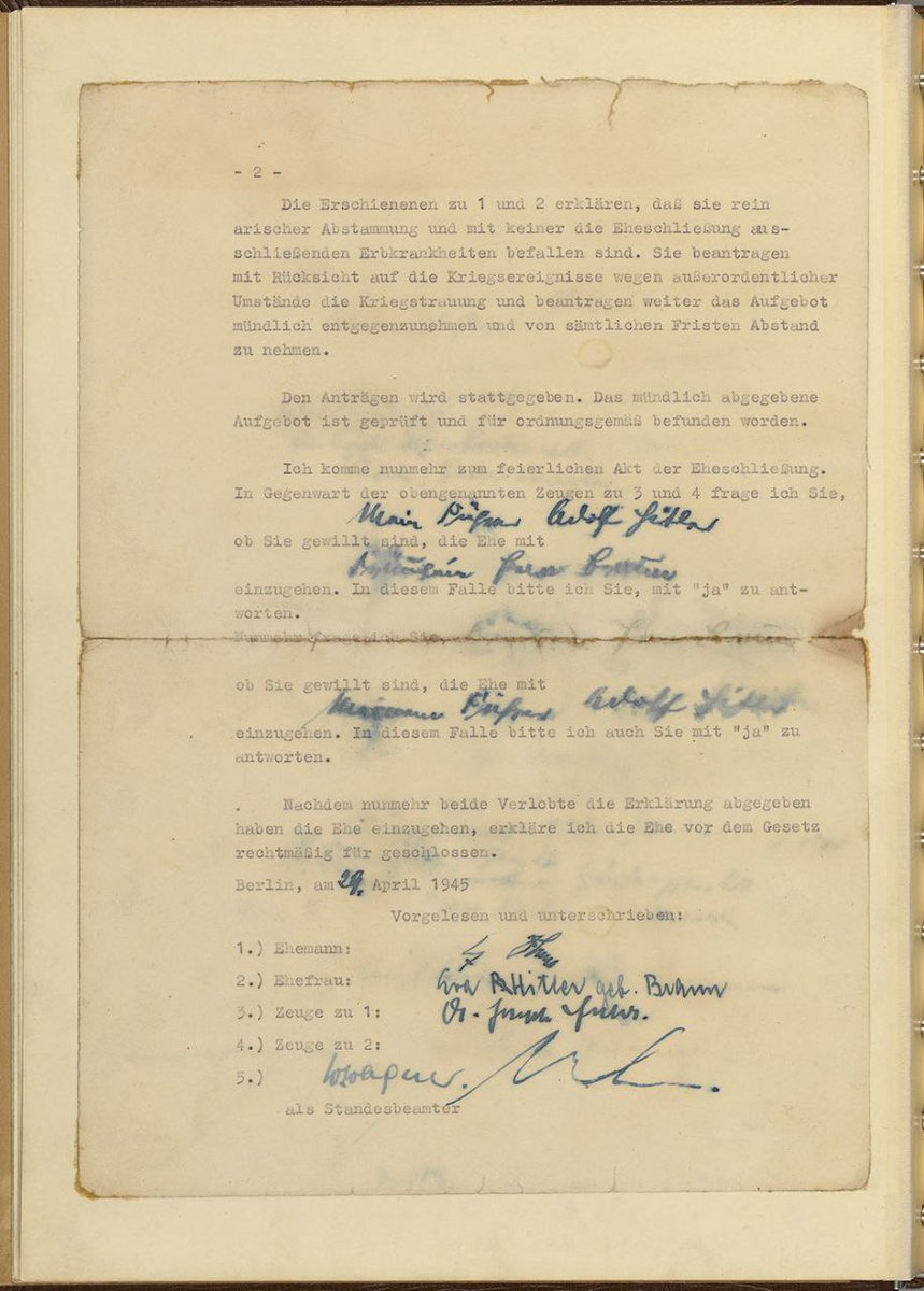 28 April 1945:

Adolf Hitler marries Eva Braun in his Berlin bunker 2 days before their suicide. The wedding certificate is signed by the 2 witnesses, Joseph Goebbels and Martin Bormann, and the councillor Walter Wagner.