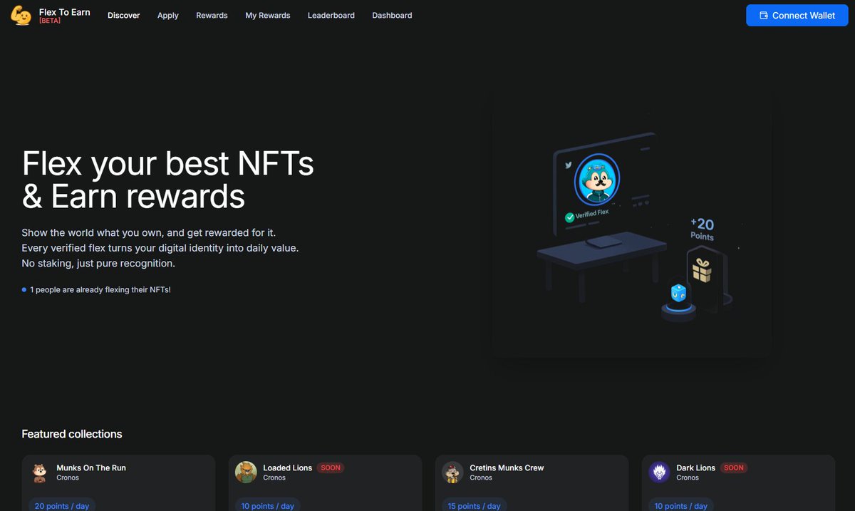 🚀 The beta is live! You can now try flextoearn.xyz 💥

👾 Available collections:
• Cretins Munks Crew
• Munks On The Run

Flex your NFTs, earn rewards.
❤️MADE WITH HEART FOR NFTs ENTHUSIASTS

Reports bugs or errors on our discord🧐