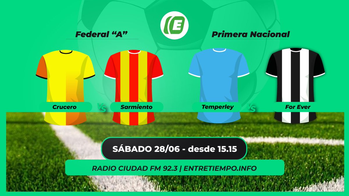 SÁBADO de FÚTBOL ⚽ Previa: 15.15 hs. 

👉 Crucero-Sarmiento #FederalA
🎤 Fede Candia
🎤 Guille Candia

👉 Temperley-For Ever #PrimeraNacional
🎤 Mariano Candia
🎤 Alan Radzanowicz
🎤 Agus Kiverling

📻 FM 92.3
📱 radiociudad923.ar
Feis: Entretiempo

 Entretiempo 🔊🎧💪