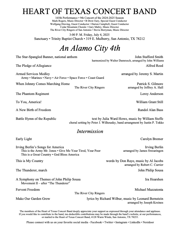 htxcb's tweet image. Celebrate Independence Day!

Heart of Texas Concert Band
An Alamo City 4th
Fri July 4    3:00 PM

Trinity Baptist Church 
319 E. Mulberry Ave
San Antonio, TX 78212

Suggested donation $10
No ticket needed
heartoftexasconcertband.org/index-2-2/dona…

heartoftexasconcertband.org