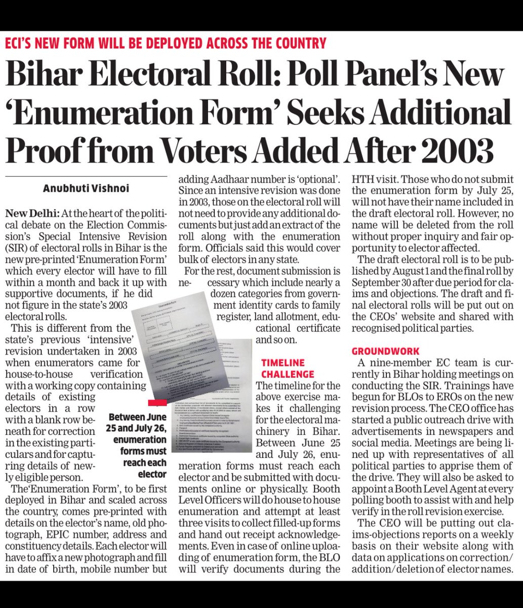 At heart of political debate on EC’s Intensive Revision of electoral rolls in Bihar is the new pre-printed ‘Enumeration Form’ 

Every elector to fill it &amp; submit within a month with supportive documents- more so if not on 2003 ER

Full detail@ETPolitics 

m.economictimes.com/news/elections…