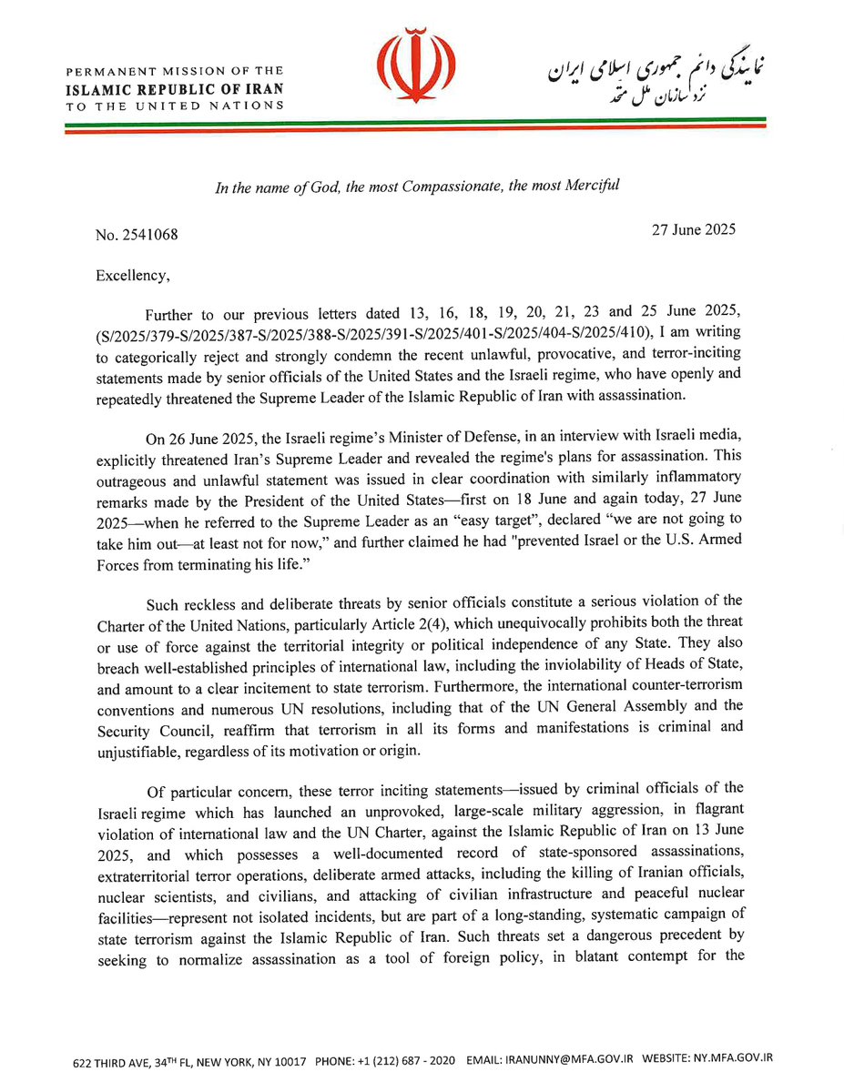 IranIntl_En's tweet photo. "The US and the Zionist regime of Israel have openly threatened to assassinate Iran’s Supreme Leader," the Iranian mission to the UN wrote on X, appending a formal complaint to the global body.

"This criminal act constitutes a manifest instance of State terrorism; and the very gravity of such a threat must not be permitted to be diminished or normalized in any manner whatsoever."