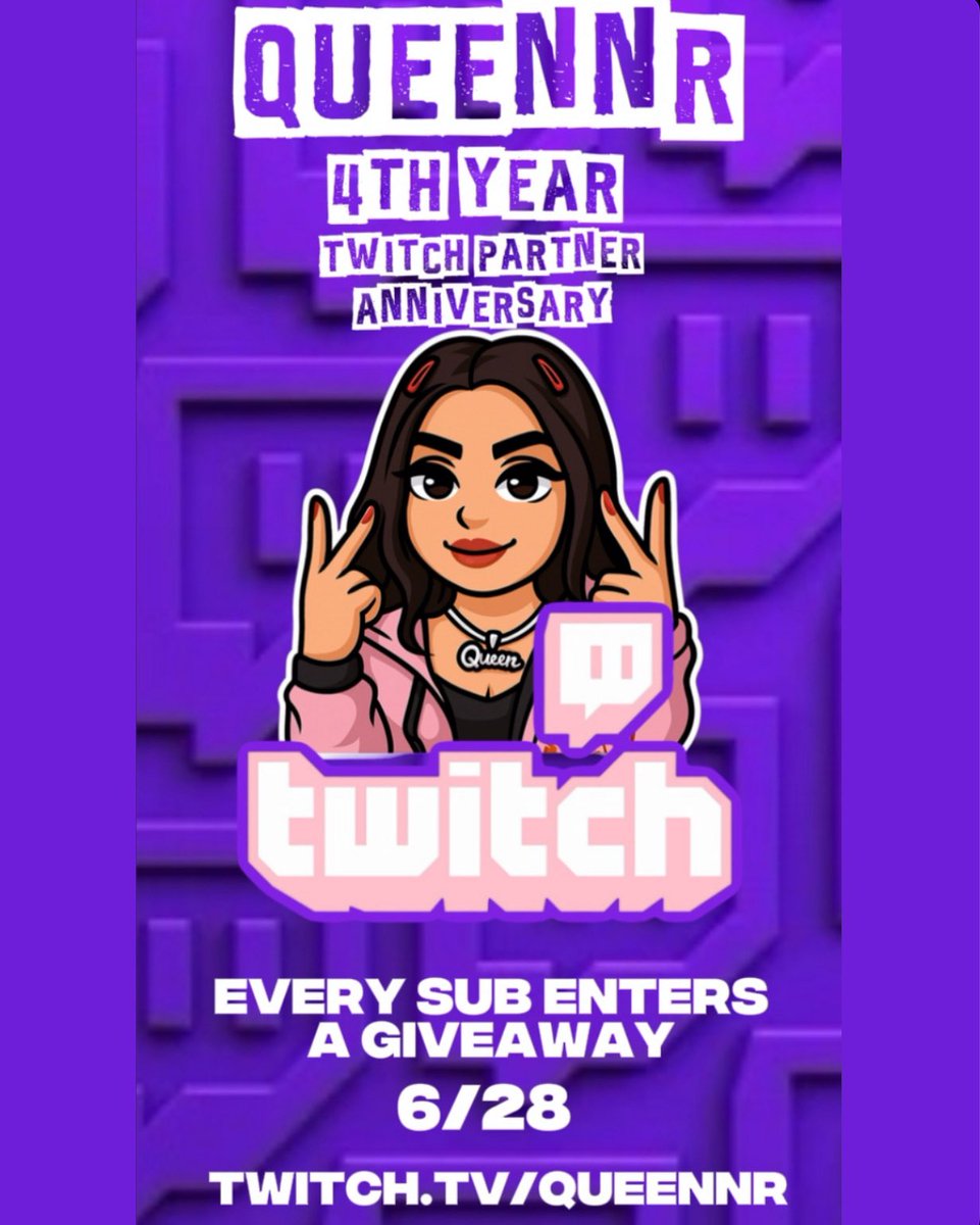 My 4th year being a twitch partner today I’m truly blessed how much I grew these past years , I been a streamer for 11years now still growing and learning celebrate with me tomorrow  twitch.tv/queennr 🫶🏼💜