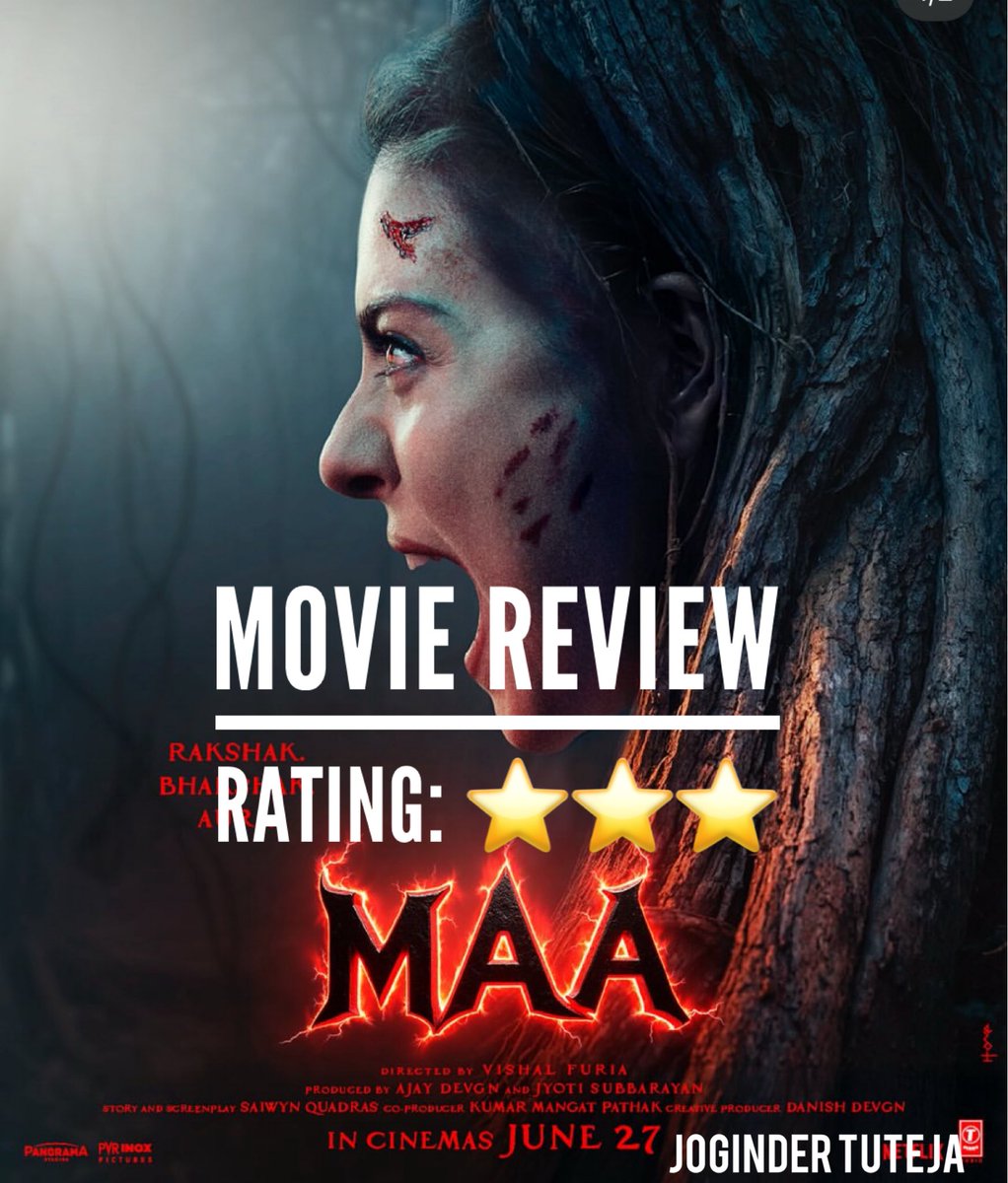 Tutejajoginder's tweet photo. #MaaReview - Works due to a gripping second half

Rating: ⭐️⭐️⭐️

In the current times when horror comedies are the norm, #MaaTheFilm is an out and out horror drama with not even an ounce of comedy. That makes the film different as it belongs to the #Shaitaan universe, which means it takes a no-nonsense approach.

The first half of the film is long drawn though and also a bit slow. It’s understandable that an atmospheric mood had to be created. Still, you do miss those really scary or thrilling moments. The interval point is nice but you do long for more well paced narrative.

This is where the second half turns out to be an altogether different beast. Not just it’s fast paced, it also has a lot of jump-scare moments as well as well crafted action sequences. The one in the car featuring #Kajol and her daughter is simply superb and then the climax that shows her #Kaali avtar does bring on goosebumps.

The backstory of the film is a convoluted though and you do need to stress hard to understand the why and the who of it all. Also, at places you expect the characters to really scream their lungs out due to the situation that they are in, but they seem only mildly worried. However, all of this is more than just compensated well by the terrific VFX which is there in most of the scenes. It may seem repetitive after a while but then in the aforementioned two sequences, it’s next level. Moreover, sound design of the film is perfect and the BGM is arresting too.

#Kajol is good in the film and one would have expected her fierce side to be explored even more towards rhe climax. #RonitRoy is fine too though his character arch is predictable. There are a couple of songs which are okay. Cinematography is superb and it captures the night scenes really well instead of making the auditorium dark.

All in all, #Maa is an entertaining film by director #VishalFuria and its graph only keeps getting better and better as it progresses. The film has taken a decent start at the box office and should eventually emerge as a success.

Rating: ⭐️⭐️⭐️