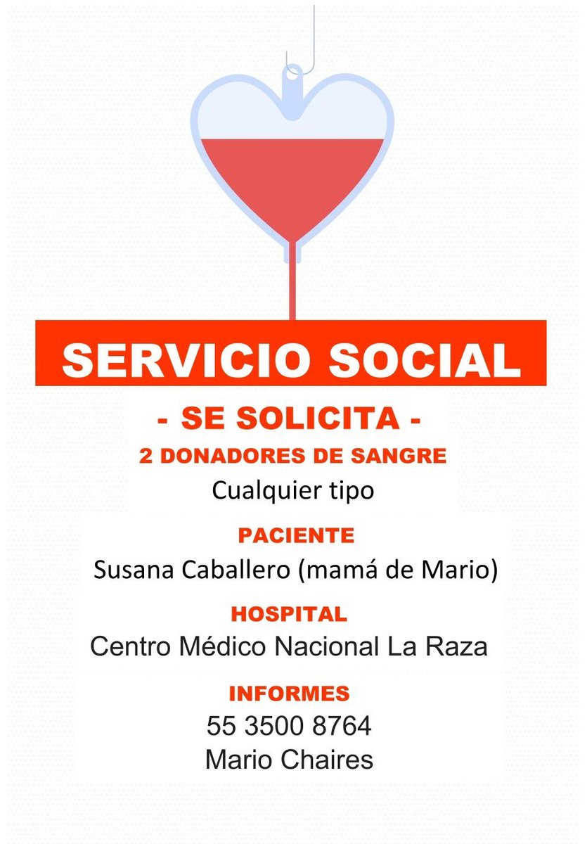 donaenvida's tweet photo. #URGENTE #CDMX #Sangre de cualquier tipo para Susana Caballero en el Centro Médico Nacional La Raza.
Contacto al: 55 3500 8764 con Mario Chaires. https://t.co/YOzzWRXlSt