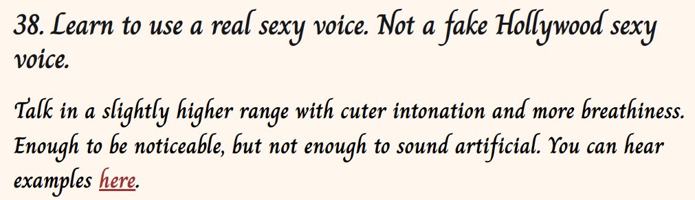 Lasiandra345315's tweet image. 101 Ways To Be More Seductive: #38
Learn to use a real sexy voice. Not a fake Hollywood sexy voice.
