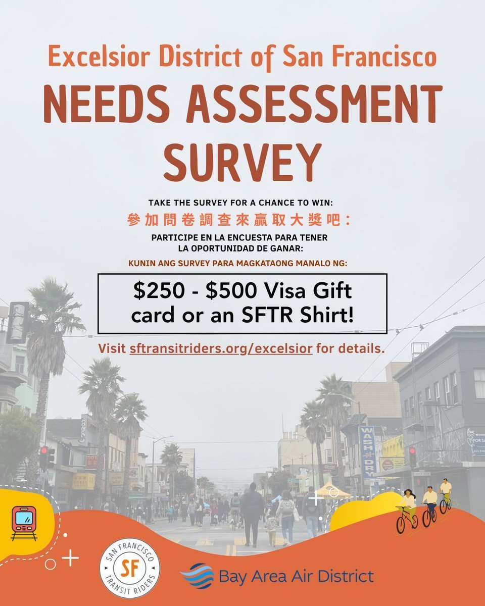 SFTRU's tweet image. 📣 Calling all Excelsior residents! 📣 SFTR and the @AirDistrict are seeking community input on YOUR transit needs and priorities. Complete the survey and enter to win a raffle for a $250-$500 Visa gift card OR SFTR merch!
Available at buff.ly/SMLJ2m1
