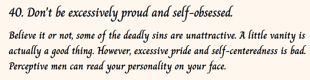 Lasiandra345315's tweet image. 101 Ways To Be More Seductive: #40
Don't be excessively proud and self-obsessed.