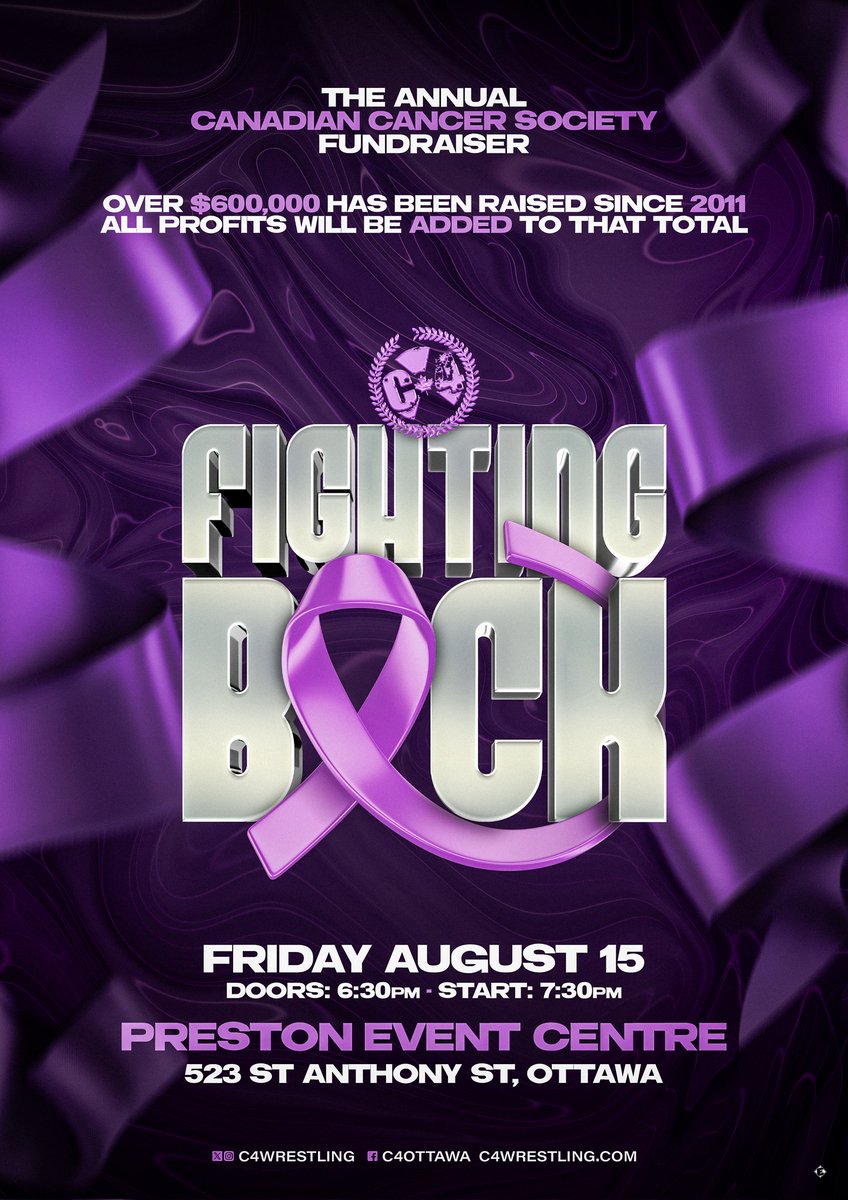 C*4 🍁 (@c4wrestling) on Twitter photo On August 15th we are back once again for the most important event of the year.
We look to add to the $600K that our community has raised for the <a href="/cancersociety/">Canadian Cancer Society</a>.
Please join us!
Tickets on sale Saturday morning at <a href="/VertigoOttawa/">Vertigo Records</a> and <a href="/OddsSodsShoppe/">TheODDs&SODsShoppe</a>! On August 15th we are back once again for the most important event of the year.
We look to add to the $600K that our community has raised for the <a href="/cancersociety/">Canadian Cancer Society</a>.
Please join us!
Tickets on sale Saturday morning at <a href="/VertigoOttawa/">Vertigo Records</a> and <a href="/OddsSodsShoppe/">TheODDs&SODsShoppe</a>!
