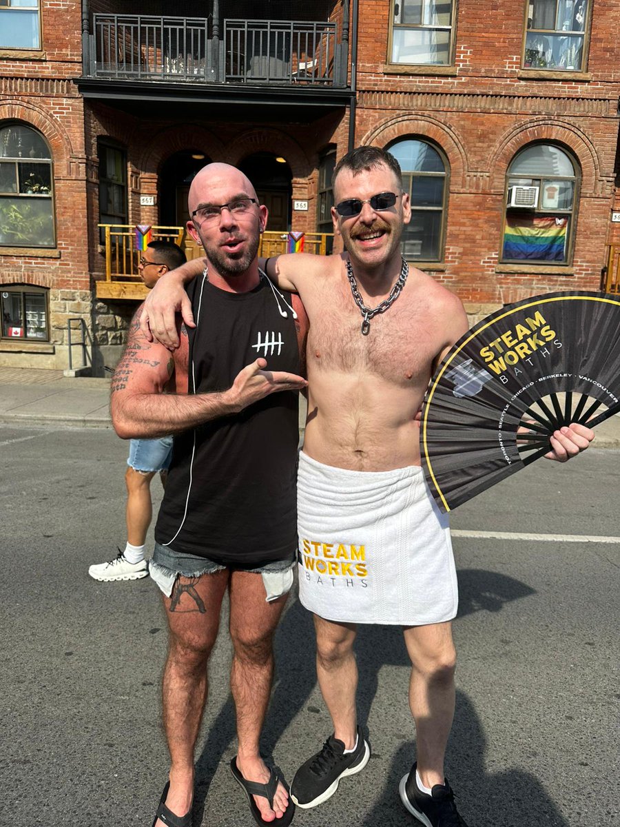 On the streets of <a href="/PrideToronto/">Pride Toronto</a>  🍁

<a href="/Jeremy_Feist/">Jeremy Feist - ✈️ 🇬🇧 London July 10-14</a> repping his LC tank while <a href="/furkingkyle/">FurKingKyle 👑 30% off OF</a> shows off his slutty @steamworksTO swag