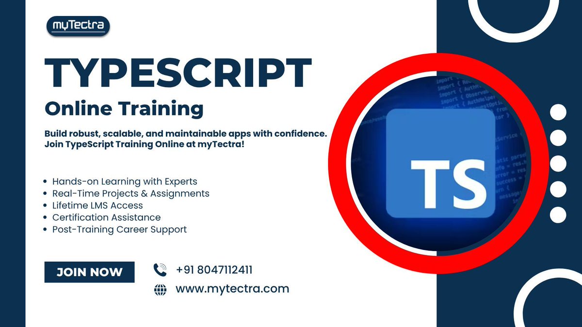 mytectra's tweet image. 🖥️ Master Scalable Web Development with TypeScript Training at myTectra!
📞 Call: +91 8047112411
🔗 Enroll Now: mytectra.com/typescript-tra…
#TypeScriptTraining #WebDevelopment #JavaScriptUpgrade #StrongTyping #CodeWithConfidence #myTectra #FrontendEngineering #TypeSafeCode