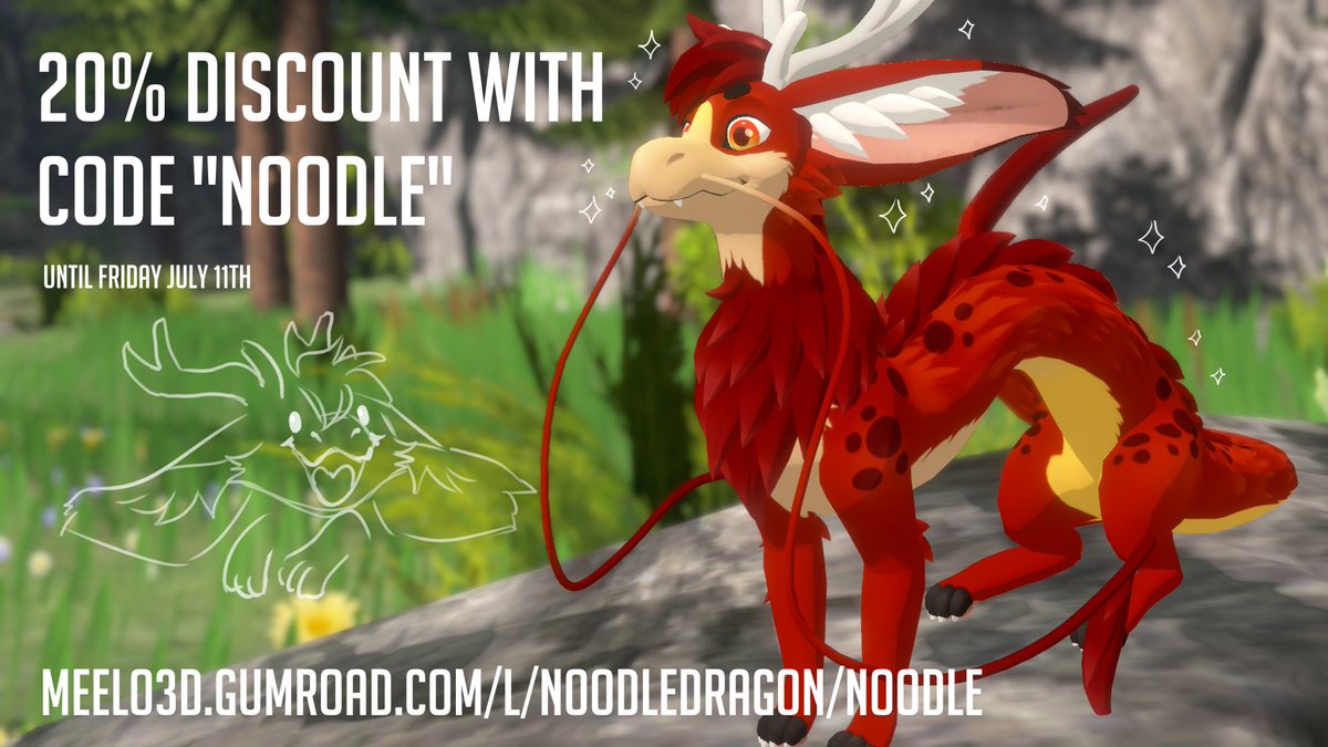 Have a noodle sale! 20% off with the code "NOODLE"!

meelo3d.gumroad.com/l/NoodleDragon…

#VRChat #furry #Dragon