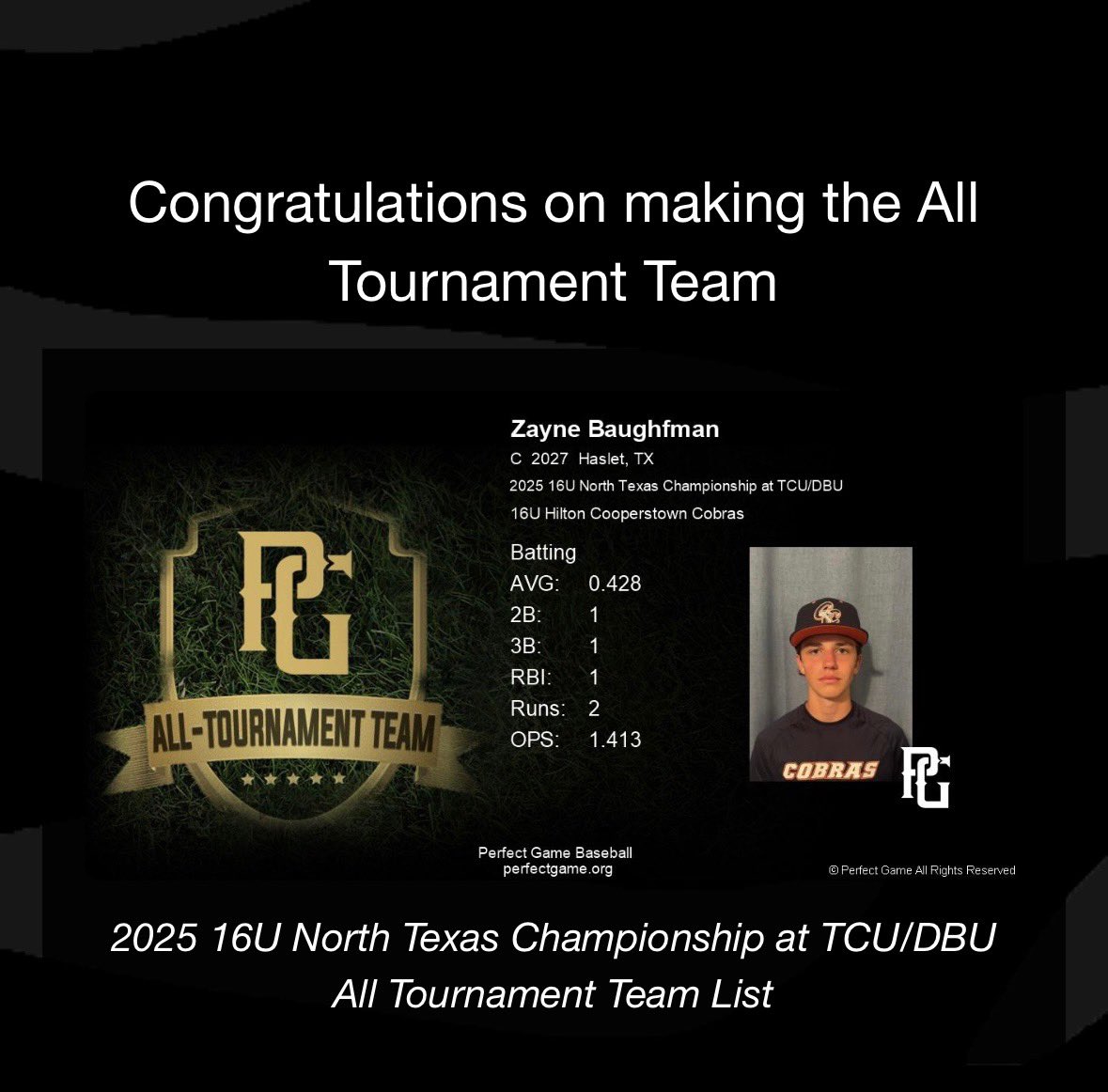 2027 Catcher/1st baseman 
16u Hilton <a href="/follow_cobras/">Cooperstown Cobras</a> 

Grateful to be selected All Tournament Team for batting in the 2025 16u North Texas Championship TCU/DBU . 

.428 average ||  1.413 ops

Northwest Eaton (TX) #uncommitted 

<a href="/PerfectGameUSA/">Perfect Game USA</a> <a href="/PG_Scouting/">Perfect Game Scout</a>