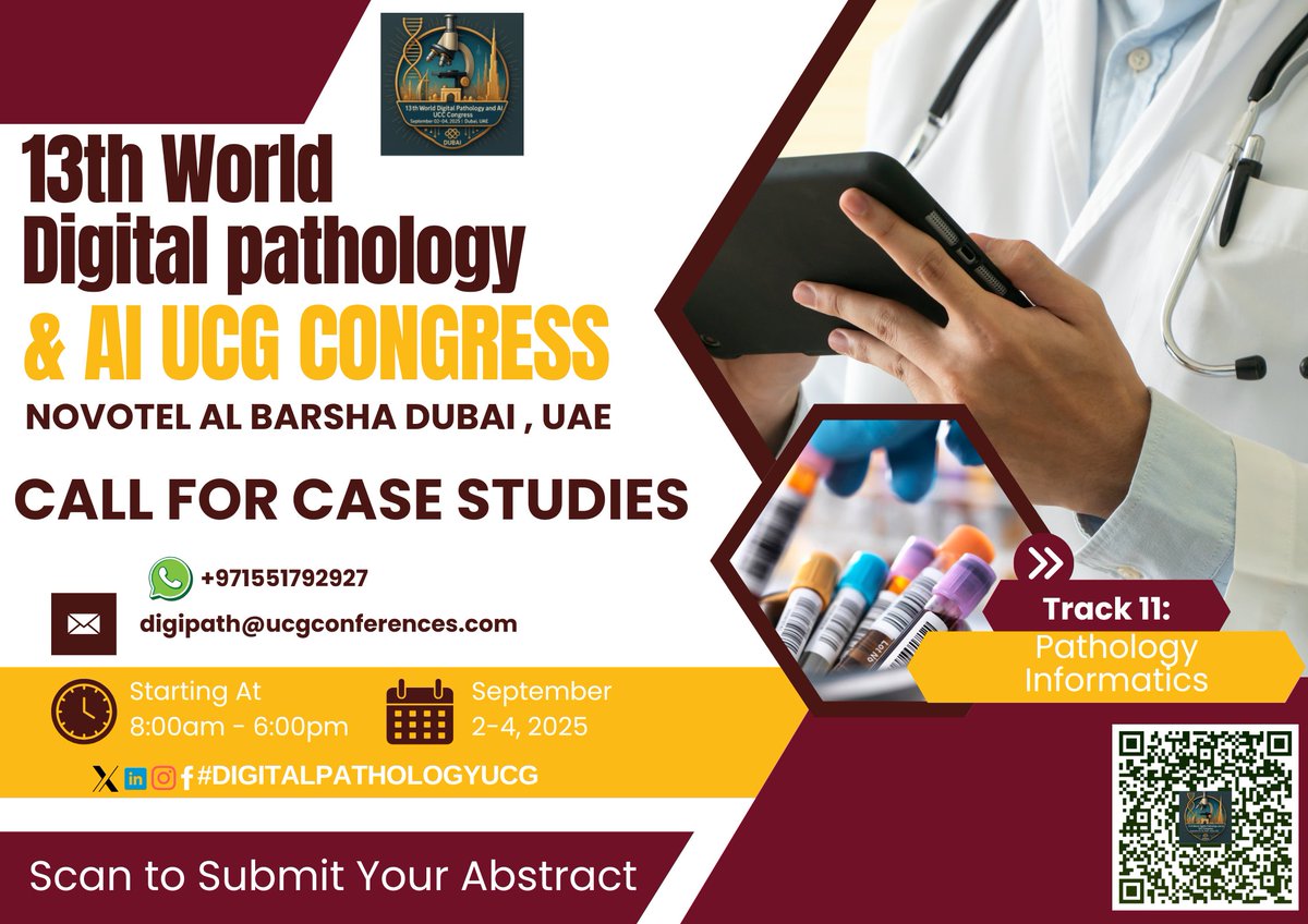 DrCarlAdam1's tweet image. Present your research at the 13th World Digital Pathology &amp;amp; AI UCG Congress, Sep 2-4, 2025, Novotel Al Barsha, Dubai
Submit …lpathology.utilitarianconferences.com/submit-abstract
wp: wa.me/971551792927

#DigitalPathologyUCG #PathologyInformatics #AIPathology #DigitalHealthCare #MedicalConferences