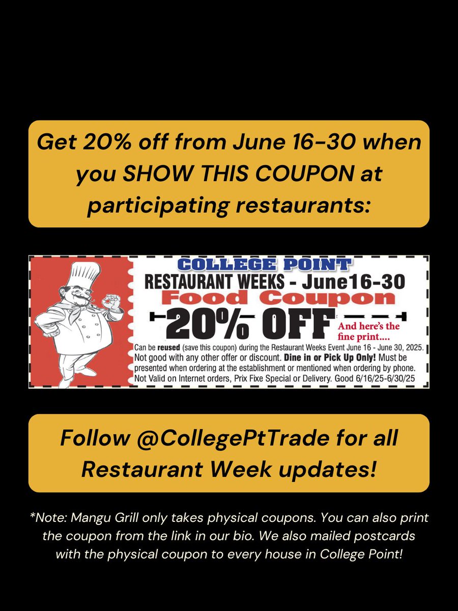 CollegePTTrade's tweet photo. Last chance to get 20% off 21 incredible restaurants for College Point, Queens’ Restaurant Week until this Monday, June 30th! 🥟

Just show the coupon from this post and enjoy!
*Make sure to see terms for specific restaurants in the 1st photo* https://t.co/83mE0Oukd1