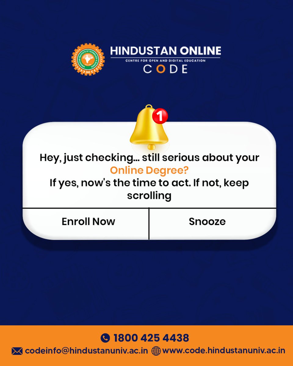 Hey, just checking… still serious about that Online Degree? If yes , seize the moment and enroll now. If not, feel free to keep scrolling!

#LearnWithCODE #OnlineLearning #OnlineBBA #OnlineBCA #OnlineBCom #OnlineMBA #OnlineMCA #OnlineEducation #CODE #CODEbyHindustan #MyHindustan