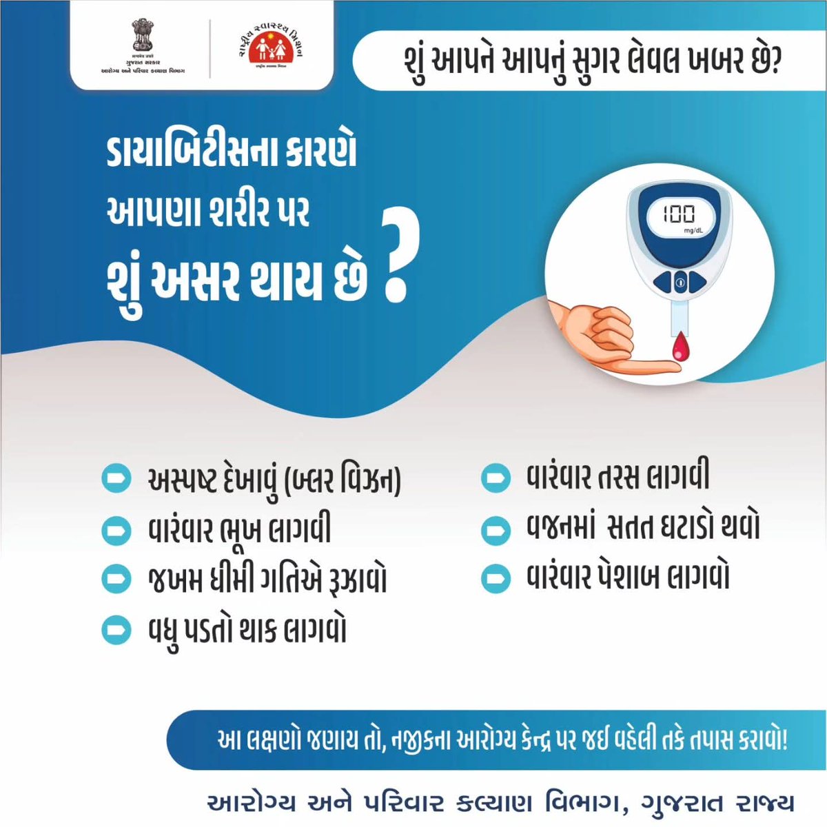 DsbccP10112's tweet image. ડાયાબિટીસ ચૂપચાપ શરીરને હાનિ પહોંચાડે છે. શું તમારું સુગર લેવલ તમે જાણો છો? જો આપની ઉંમર ૩૦ વર્ષ કે તેથી વધુ હોય તો વર્ષમાં એકવાર અવશ્ય સુગર ચેક કરાવો. અને આવા કોઈ લક્ષણો દેખાય, તો તપાસ કરાવવી એ સમજદારી છે! 
#knowyoursugarlevel
#diabetesawareness
#healthygujarat
#checkupkaravo