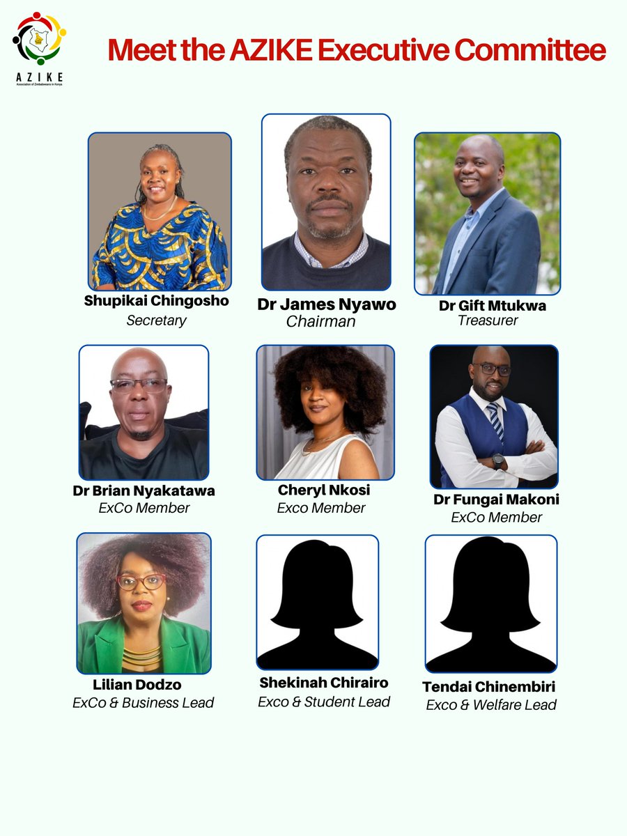 Meet the AZIKE Executive Committee 🇿🇼🇰🇪
A passionate team of Zimbabweans in Kenya, united to serve and connect our community. From academia to entrepreneurship, they represent vision, diversity, and purpose.
#AZIKE #ZimbabweansInKenya #DiasporaLeadership #ConnectingGenerations
