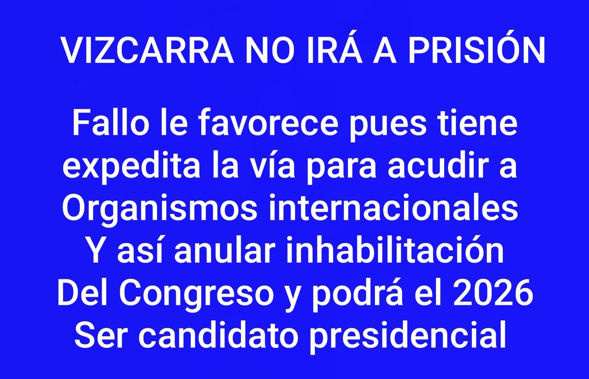 MazaBera's tweet photo. VIZCARRA NO IRÁ A PRISIÓN
Si logra anular la inhabilitación del Congreso podría candidatear a la presidencia y barrer el piso con los partidos políticos que apoyan a Dina Boluarte https://t.co/X58Nr1CgVK
