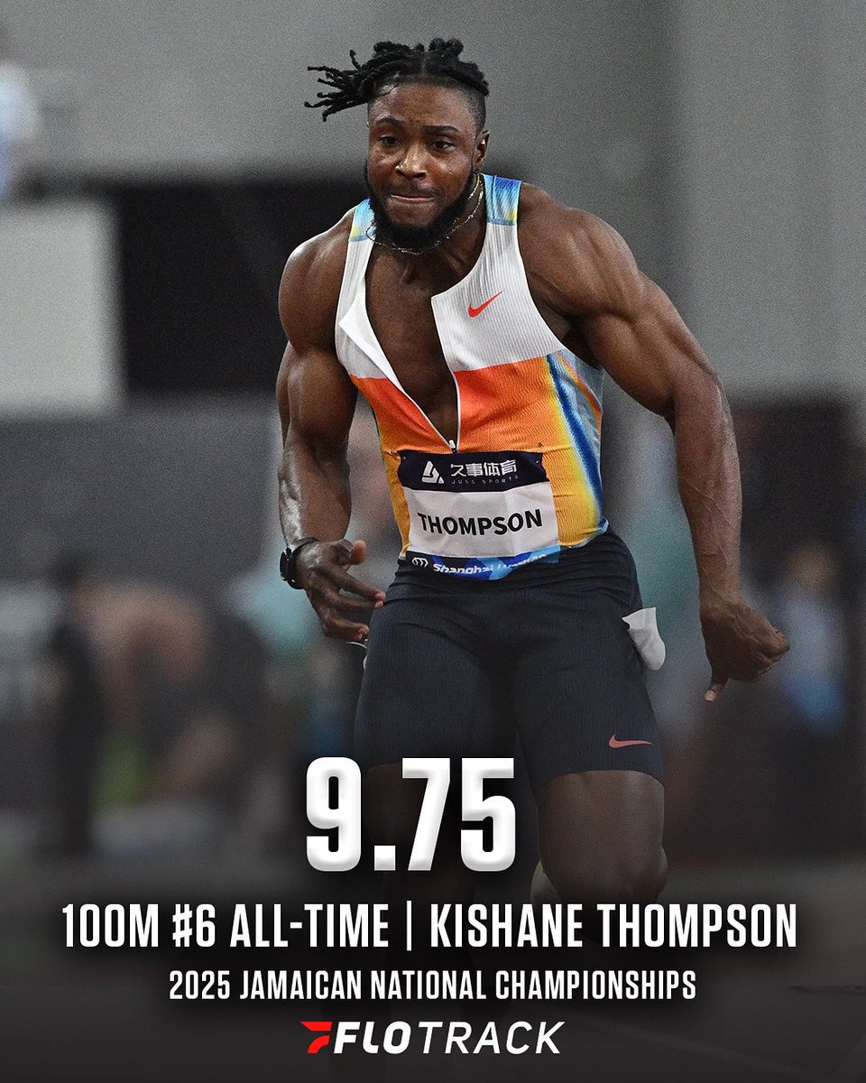 FloTrack (@flotrack) on Twitter photo ‼️9.75‼️
Kishane Thompson (<a href="/KishaneThompson/">Kishane Thompson</a>) BLASTS a World Lead and #6 All-Time 9.75 (+0.8) 100m in the Final at the 2025 Jamaican National Championships.
Oblique Seville finished second in 9.83, followed by Ackeem Blake in third (9.88).
Thompson ran 9.80 (+0.4) earlier in ‼️9.75‼️
Kishane Thompson (<a href="/KishaneThompson/">Kishane Thompson</a>) BLASTS a World Lead and #6 All-Time 9.75 (+0.8) 100m in the Final at the 2025 Jamaican National Championships.
Oblique Seville finished second in 9.83, followed by Ackeem Blake in third (9.88).
Thompson ran 9.80 (+0.4) earlier in