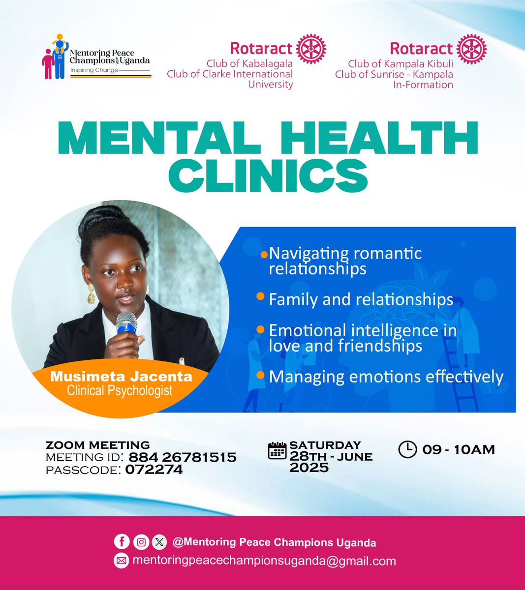 Starting in a few 
#MENTALHEALTHCLINICS

Use the details on the flyer to log in
Your healing journey starts now, and with us
We are excited to host you

#MenMentalHealthMonth 
#MentalHealth #MentalHealthMatters #SpeakUp #BeKind #compassionate #Compassion #love
