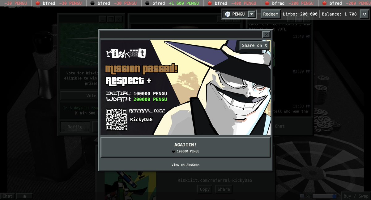 It’s been a while since I went full degen on <a href="/riskiiit/">riskiiit</a> … but damn it feels good 🫡

Mission passed ✅
Respect + 💰

100k in ➡️ 200k out. <a href="/pudgypenguins/">Pudgy Penguins</a> 

Only on <a href="/AbstractChain/">Abstract</a> ✳️